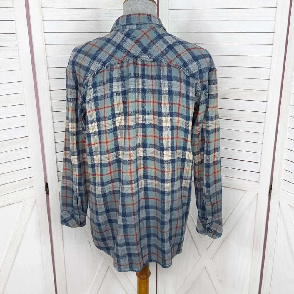 Vintage Free People Plaid Raw Hem Flannel Shirt‎ Ombre Blue Multi XS XSmall